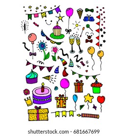 Doodle items and things for birthday. Hand-drawn things for party. Vector illustration