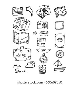 Doodle Items And Things For Travel. Hand-drawn Things For Tourists. Vector Illustration