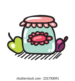 Doodle jam jar on white background.
