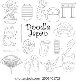 Doodle Japón Clipart Vector Pack, Doodles japoneses, Asia Clipart, Vectores japoneses, gráficos de Japón,