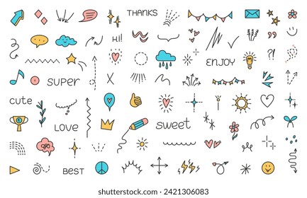 Doodle japanese style line elements. Hand drawn simple emphasis and sparkles, lined decorative manga symbols. Cute tiny stars, neoteric vector design