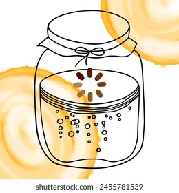 Doodle jar with kombucha with watercolor stain.Vector clipart concept line isolated on white bkgr.B and W design for poster,card,label,sticker,t-shirt,web,print,stamp,tattoo,etc.