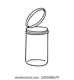 Doodle of jar of medicine isolated on white background. Vector outline hand drawn illustration of empty container.