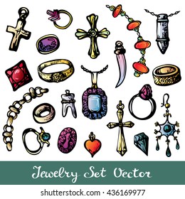 Doodle jewelry colored set. Collection of doodle hand drawn elements. Line art unique design. Jewelery fashionable  icons. Sketches for beauty salon or jewelry store. Vector illustration.