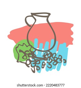 Doodle jug and grape bunch. Creative minimalist abstract background pastel colors. Graphic design wall decoration banner poster fashion cover template story post social media. Vector illustration