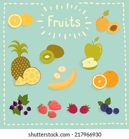 Doodle juicy fruits in color. Vector set