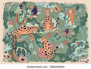 Doodle jungle background with hand drawn leopard, snake, monkey, parrots, toucan, humminbird, chameleon and butterfly. Cartoon animals. Vector illustration for posters and greeting cards.