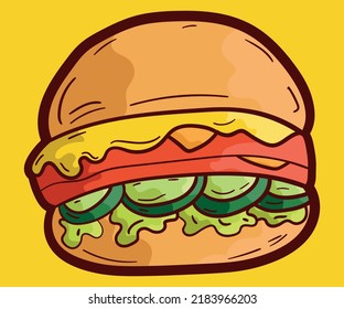 doodle junk food burger illustration, illustration suitable for promotion on social media doodle brush hand drawn style