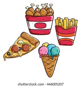 Doodle junk food collection with french fries, pizza slice, ice cream and drumstick chicken