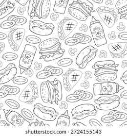 doodle junk food pattern background. fast food doodle pattern background.