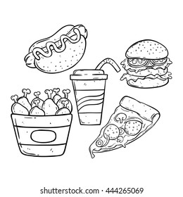 Doodle junk food set on white background