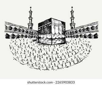 Doodle of Kaaba with islam people, muslim , muslimah doing thawaf at Mecca Saudi Arabia.