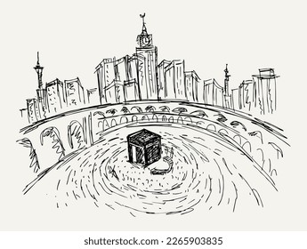 Doodle of Kaaba with islam people, muslim , muslimah doing thawaf at Mecca Saudi Arabia.