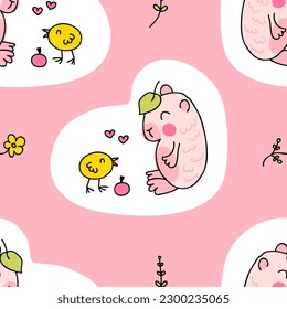 Doodle kawaii capybara and chick seamless pattern. Perfect print for tee, paper, textile and fabric. Cute vector illustration for decor and design.
