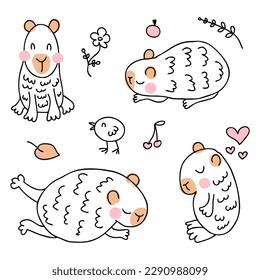 Doodle kawaii capybara collection in free hand drawn style. Perfect for tee, stickers, poster, card. Isolated vector illustration for decor and design.

