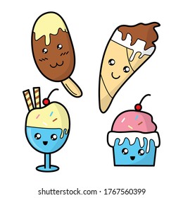 Doodle Kawaii Character. Ice Cream Set.