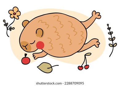 Doodle kawaii dreaming capybara in free hand drawn style. Perfect for tee, stickers, poster, card. Isolated vector illustration for decor and design.