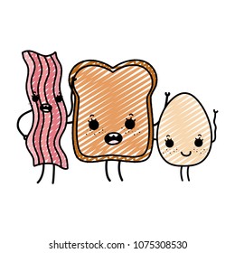 doodle kawaii happy bacon with slice bread and egg