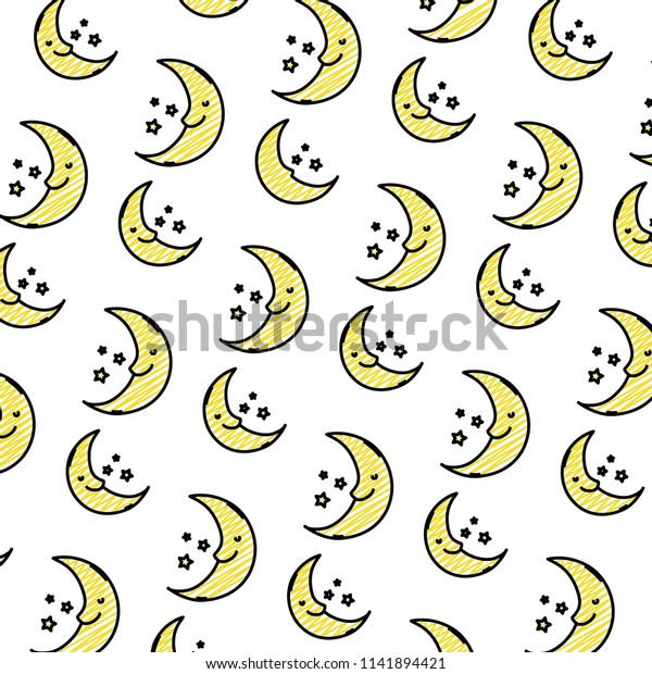 doodle kawaii\
happy moon and stars\
background