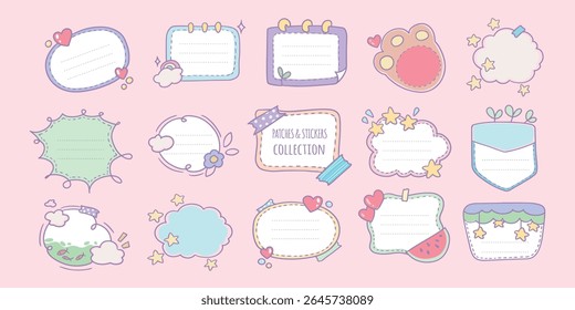 doodle kawaii memory stickers set with soft colours, template, decorative elements, cute planner sticker, frame, vector