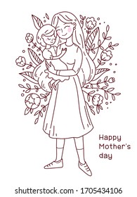 Doodle kawaii style. Cute woman vector illustrations. Happy Mother`s Day. Girl with flowers Mother and daughter. Use for greeting card, poster, banner, and other design.