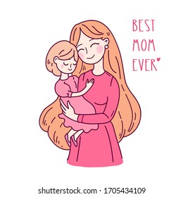 Doodle kawaii style. Cute woman vector illustrations. Happy Mother`s Day. Mother and daughter. Use for greeting card, poster, banner, and other design.