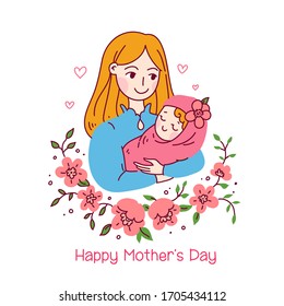 Doodle kawaii style. Cute woman vector illustrations. Happy Mother`s Day. Mother and Newborn daughter or son. Use for greeting card, poster, banner, and other design.