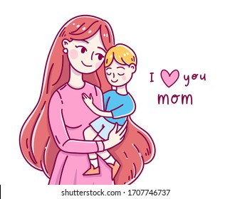 Doodle kawaii style. Cute woman vector illustrations. Happy Mother`s Day. Mother and son. I love you, Mom greeting card, poster, banner, and other design.
