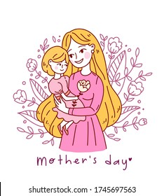 Doodle kawaii style. Cute woman vector illustrations. Happy Mother`s Day. Girl with flowers Mother and daughter. Use for greeting card, poster, banner, and other design.