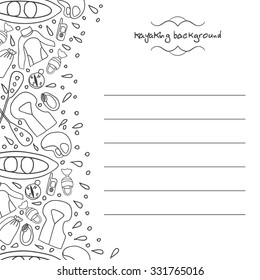 Doodle kayaking background with  vest, life ring, rafts,helmet.  