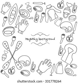 Doodle kayaking background with  vest, life ring, rafts,helmet.  