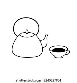 Doodle kettle and cup with tea. Cute vector illustration isolated on white.