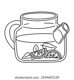 Doodle kettle with leaves, lemon and water. Contour illustration on white. kettle is open and transparent with liquid. Brewing tea. Monochrome drawing. Use illustrations for websites, product catalogs