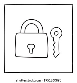 Doodle key and padlock icon or logo, hand drawn with thin black line.