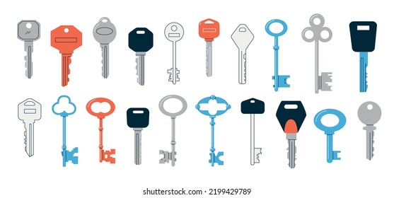 Doodle keys. Cartoon abstract vintage and modern keys of various shapes and colors, minimalistic security and real estate symbol. Vector different keys collection. Home rental, property protection