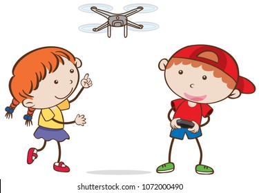 Doodle kid Flying Drone on White Background illustration