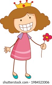 A doodle kid holding flower cartoon character isolated illustration