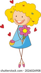 A doodle kid holding flower cartoon character isolated illustration