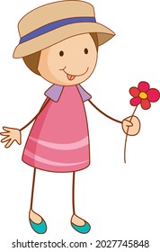 A doodle kid holding flower cartoon character isolated illustration