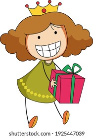 Un niño garabato sosteniendo un personaje de caricatura de una caja de regalo ilustración aislada