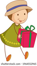 Un niño garabato sosteniendo un personaje de caricatura de una caja de regalo ilustración aislada