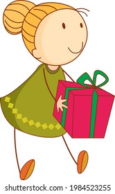 Un niño garabato sosteniendo un personaje de caricatura de una caja de regalo ilustración aislada