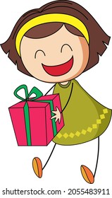 Un niño garabato sosteniendo un personaje de caricatura de una caja de regalo ilustración aislada