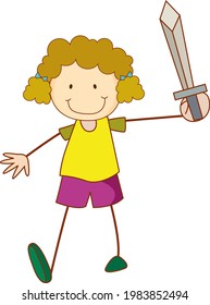 A doodle kid holding a sword cartoon character isolated illustration