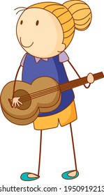 A doodle kid playing a acoustic guitar cartoon character isolated illustration