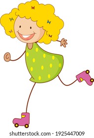 A doodle kid playing roller skates cartoon character isolated illustration