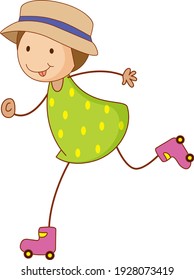 A doodle kid playing roller skates cartoon character isolated illustration