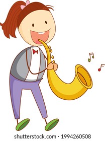 A doodle kid playing saxophone cartoon character isolated illustration