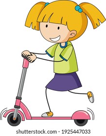 A doodle kid playing scooter cartoon character isolated illustration