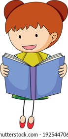 A doodle kid reading a book cartoon character isolated illustration